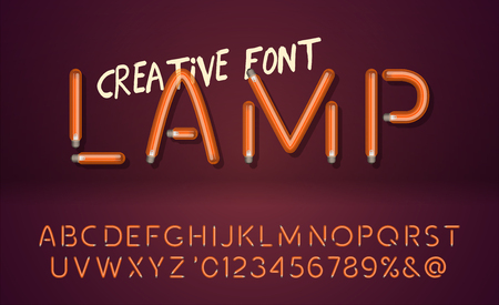 Creative realistic lamps font. Light Bulb Text Effect. Vector light bulb lamp alphabet, isolated on vinous background. Vector illustrationのイラスト素材