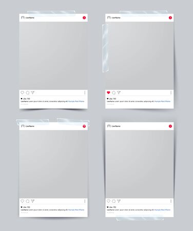Set of vector template photo frame with adhesive tape, Isolated on gray background. Vector Illustrationのイラスト素材