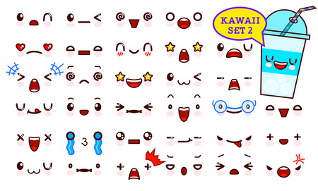Set of cute kawaii emoticon face and sweet cocktail kawaii. Collection emoticon manga, cartoon style. Vector illustration. Adorable characters icons designのイラスト素材