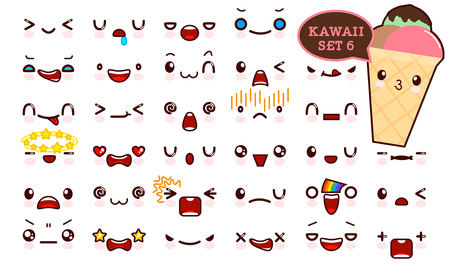 Set of cute kawaii emoticon face and sweet ice cream kawaii. Collection emoticon manga, cartoon style. Vector illustration. Adorable characters icons designのイラスト素材