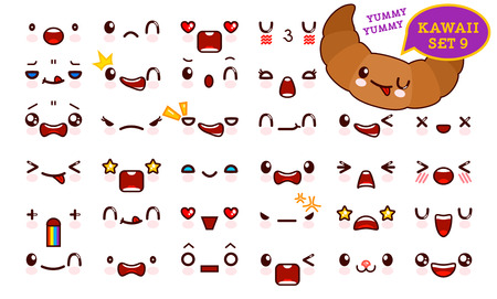 Set of cute emoticon face and sweet croissant. Collection emoticon manga, cartoon style. Vector illustration. Adorable characters icons designのイラスト素材