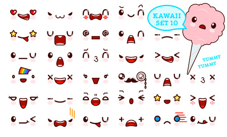 Set of cute emoticon face and sweet cotton candy. Collection emoticon manga, cartoon style. Vector illustration. Adorable characters icons designのイラスト素材