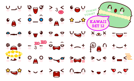 Set of cute emoticon face and sweet macaron. Collection emoticon manga, cartoon style. Vector illustration. Adorable characters icons designのイラスト素材
