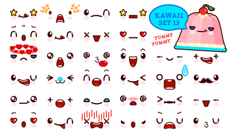 Set of cute emoticon face and sweet jelly. Collection emoticon manga, cartoon style. Vector illustration. Adorable characters icons designのイラスト素材