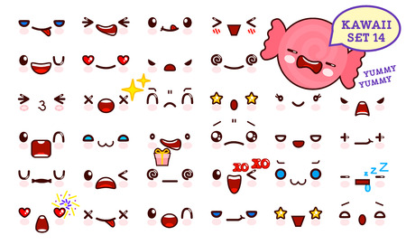 Set of cute emoticon face and sweet candy. Collection emoticon manga, cartoon style. Vector illustration. Adorable characters icons designのイラスト素材