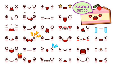Set of cute emoticon face and sweet piece of cake. Collection emoticon manga, cartoon style. Vector illustration. Adorable characters icons designのイラスト素材