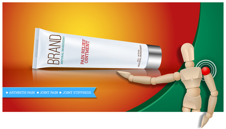 Pain relief ointment horizontal banner with realistic design blank white cosmetic tube pack Of Cream Or Gel. Wooden mannequin. Vector illustrationのイラスト素材