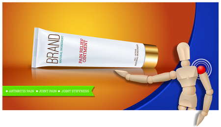 Pain relief ointment horizontal banner with realistic design blank white cosmetic tube pack Of Cream Or Gel. Wooden mannequin. Vector illustrationのイラスト素材