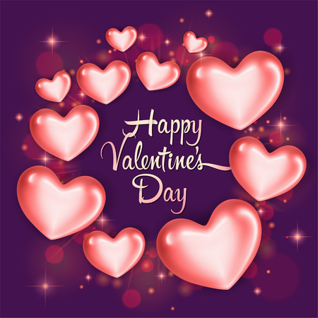Elegant greeting card with glossy pink hearts. Happy Valentine's Day celebration. Vector illustrationのイラスト素材