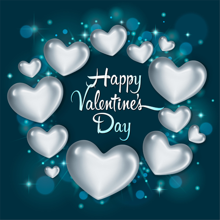 Elegant greeting card with glossy silver hearts. Happy Valentine's Day celebration. Vector illustrationのイラスト素材