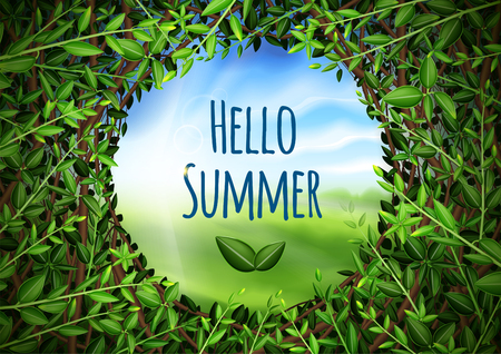 Magic poster with inscription hello summer. View through a hole in the bushes. Holiday and Summer Camp poster. Vector stock eps 10のイラスト素材
