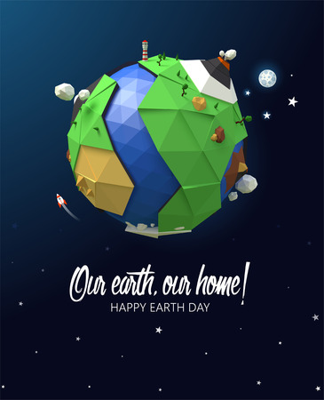 Happy Earth Day poster. Vector low poly earth. Polygonal globe icon.のイラスト素材