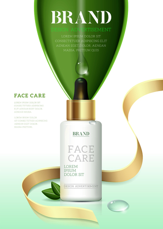 Cosmetic ads template, Moisture essence based Green tea. Skin care cosmetic essence, Vector illustration for cosmetic ads or magazine.のイラスト素材