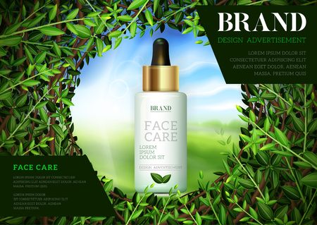Cosmetic ads template, Moisture essence based Green tea. Skin care cosmetic essence, Vector illustration for cosmetic ads or magazine.のイラスト素材