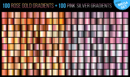 A Vector mega set of 100 rose gold and 100 pink silver gradients. Trends color background texture. Mega collection metallic and golden gradient illustration for fashion design.のイラスト素材