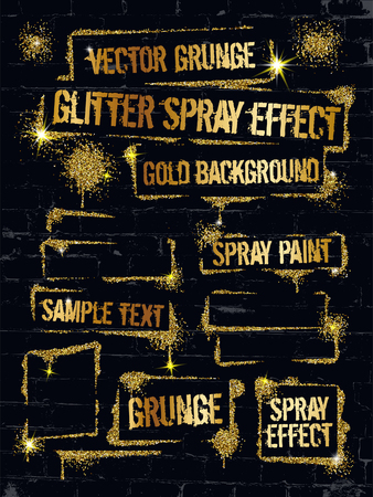 Various glitter spray paint graffiti on brick wall. Frame with golden sparkles confetti or like glitter gel paint. Shine spray grunge background.のイラスト素材