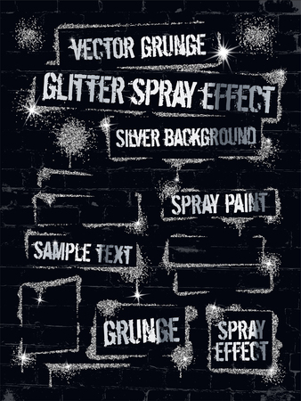 Various glitter spray paint graffiti on brick wall. Frame with silver sparkles confetti or like glitter gel paint. Shine spray grunge background.のイラスト素材