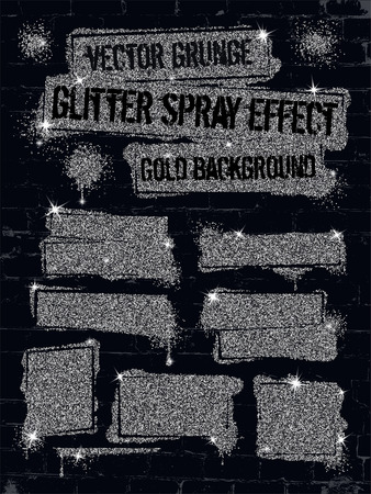 Various glitter spray paint graffiti on brick wall. Frame with silver sparkles confetti or like glitter gel paint. Shine spray grunge background.のイラスト素材