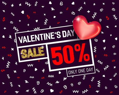 Valentines Day sale poster with glitter golden effect and red glossy heart.のイラスト素材