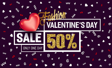 Valentines Day sale poster with glitter golden effect and red glossy heart.のイラスト素材
