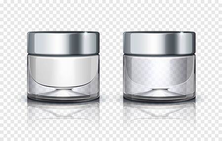 Glass cosmetic jar with silver lid isolated on transparent background.のイラスト素材