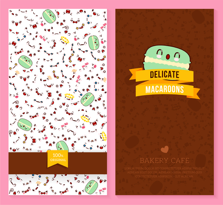 A Kawaii two sided brochure, flyer for bakery cafe with funny tickets design with emotion pattern and sweet macaroon. Vector illustration.のイラスト素材