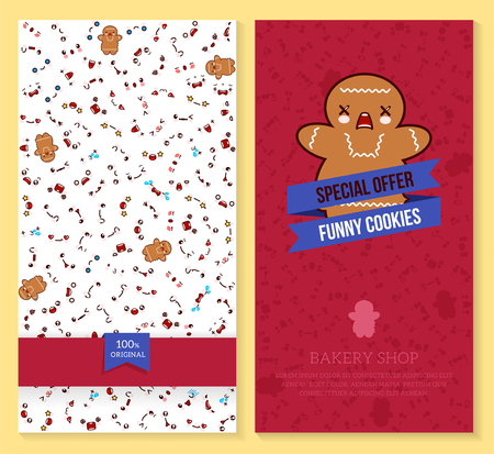 A Kawaii two sided brochure, flyer for bakery shop, funny tickets design with emotion pattern and sweet cookie. Vector illustration.のイラスト素材