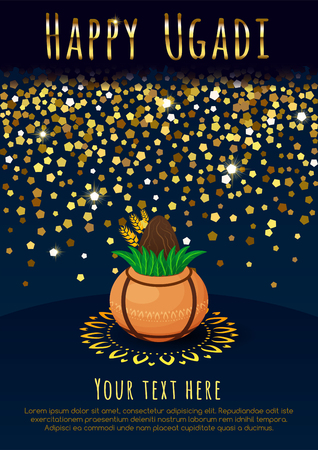 Happy Ugadi Template greeting card for holiday. Gold pot with coconut on glitter confetti background. Gudi Padwa Hindu new year.のイラスト素材