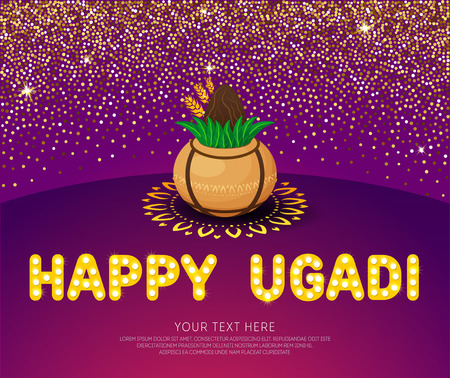 Happy Ugadi Template greeting card for holiday. Gold pot with coconut on glitter confetti background. Gudi Padwa Hindu new year.のイラスト素材