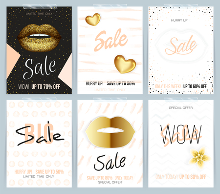 Set of different fashion sale card. sale and other flyer templates with golden lips and watercolor hand-drawn effect. Vector illustrationのイラスト素材