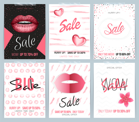 Set of different fashion sale card. Sale and other flyer templates with pink lips and watercolor hand-drawn effect. Vector illustrationのイラスト素材