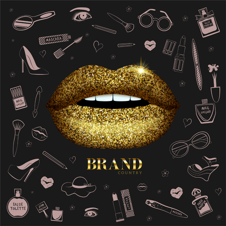 Glitter glossy lips and fashion iconsのイラスト素材