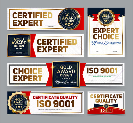 Set of vector mini certificate quality banners with line protection and gold award emblem, ISO 9001 certified, Vector illustrationのイラスト素材