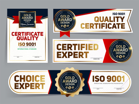Set of vector mini certificate quality banners with line protection and gold award emblem, ISO 9001 certified, Vector illustrationのイラスト素材