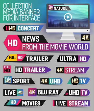 Collection media banner for interface, live news, breaking news, full hd trailer, news label, ultra HD, Sport, live stream inscription. Vector Illustration.のイラスト素材
