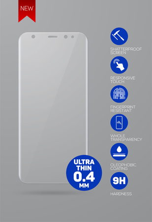 Screen protect Glass. Vector screen protector film or glass cover for new version smartphone isolated on grey background. Mobile accessory. Vector illustrationのイラスト素材