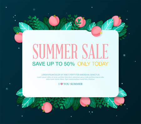 Design banner with summer sale with leaves and flowers. Special offer with summer plants. can be used for magazine, online, store. Vector illustration.のイラスト素材