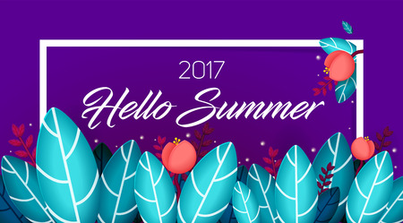 Hello summer banner with natural exotic leaves and flowers. Vector Illustration EPS10のイラスト素材