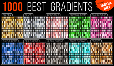 Vector mega set of gradients. Big collection colorful metallic gradient illustration. Gold, silver, blue, red, pink, green, azure, bronze.