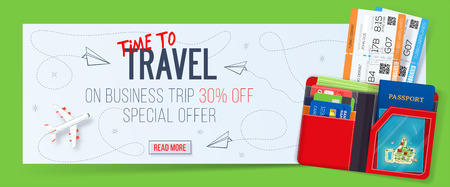Special offer on business Travel. Business trip banner. Tickets with wallet. Air travel concept. Business travel illustration. 30% off.のイラスト素材