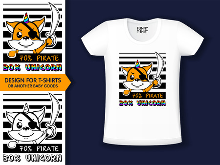 Cute fox pirate magical unicorn,  fantasy cute animal, for design t-shirts print. vector illustrationのイラスト素材