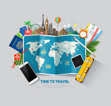 Travel and tourism background. Travel concept, ready for Summer. Top view. Concept website template.のイラスト素材