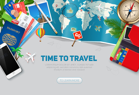 Travel and tourism background. Travel concept, ready for Summer. Top view. Concept website template.のイラスト素材