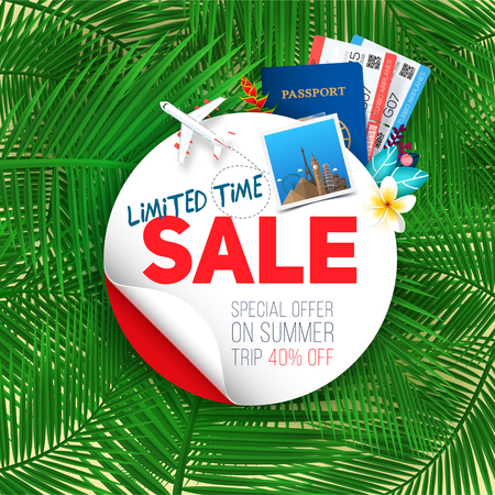Limited time sale. Summer banner on exotic palm leaf background. Discount and sale template, Best offer on summer travel. Vector illustrationのイラスト素材