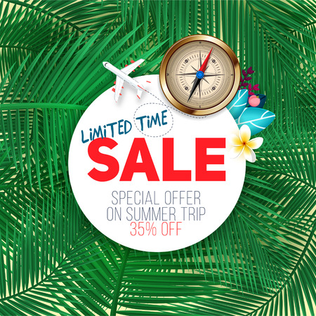 Limited time sale. Summer banner on exotic palm leaf background. Discount and sale template, Best offer on summer travel. Vector illustrationのイラスト素材