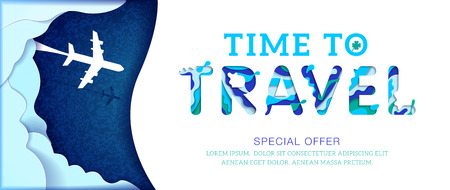 Time to travel banner with abstract paper cut cloud. Origami paper cut style Special offer vector illustration.のイラスト素材