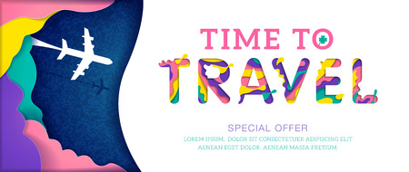 Colorful Time to travel banner with abstract paper cut cloud. Origami paper cut style Special offer vector illustration.のイラスト素材
