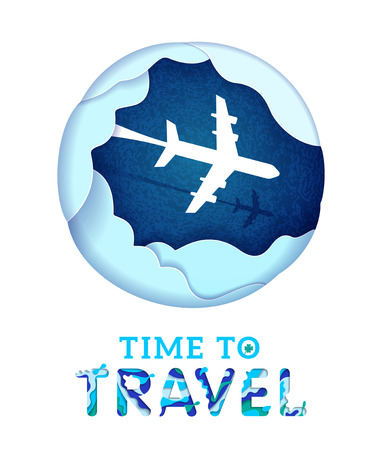 Time to travel banner with abstract paper cut cloud. Origami paper cut style vector illustration.のイラスト素材