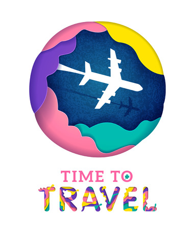 Colorful Time to travel banner with abstract paper cut cloud. Origami paper cut style vector illustration.のイラスト素材