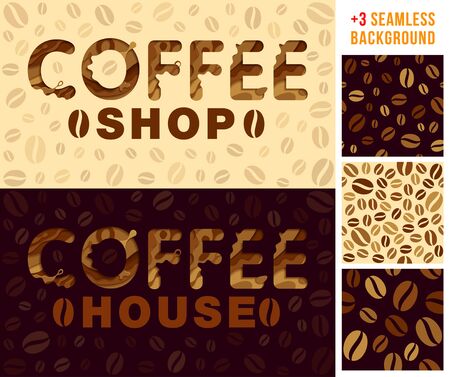 Coffee design template and +3 seamless coffee background. Vectorのイラスト素材